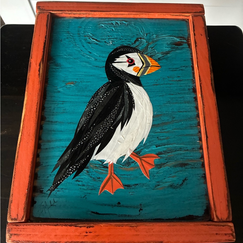 Handcrafted Puffin Bird Wall Art - Orange and Black